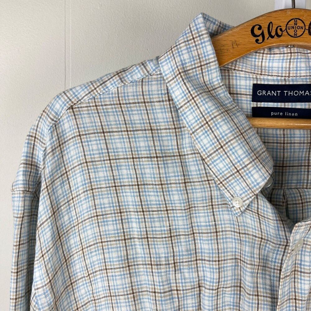 Grant Thomas February Linen Shirt‎ Mens XXL Blue Brown Plaid Long Sleeve New NWT